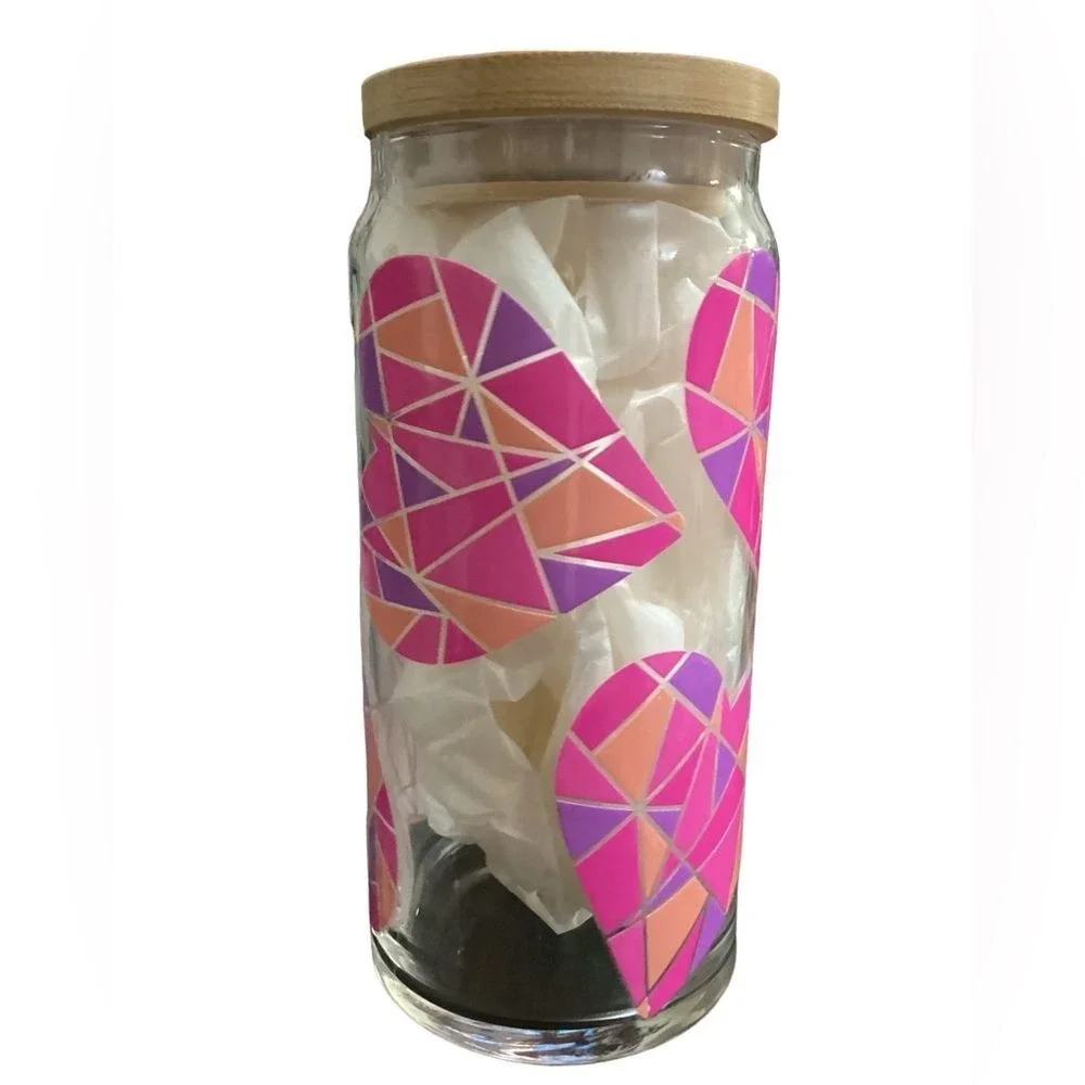Glass Tumbler With Bamboo Lid Geometric Heart Design Pink Purple